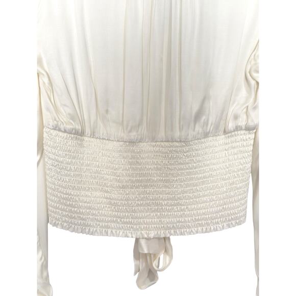 NWT Anthropologie Sz M White Silky Tie Waist Cropped Blouse Smocked French Cuff - Picture 8 of 10